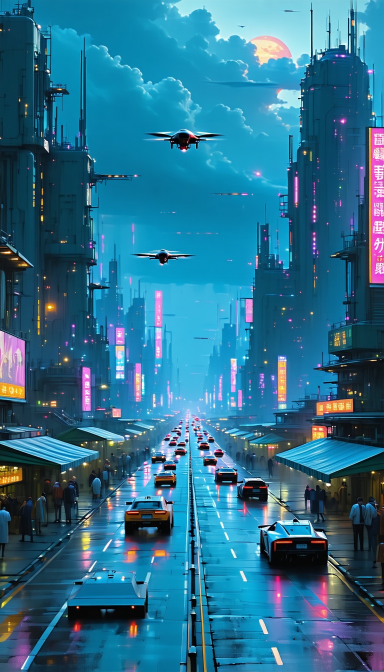 미래 도시의 야경, 미래도시, 야경, 네온사인, 비행선, 자동차, SF