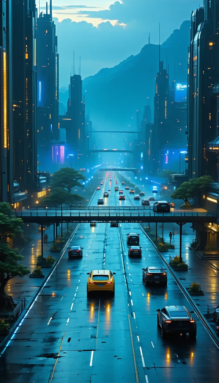 미래 도시의 밤 풍경, 미래도시, 밤, 비, 자동차, 고층빌딩, 디지털아트