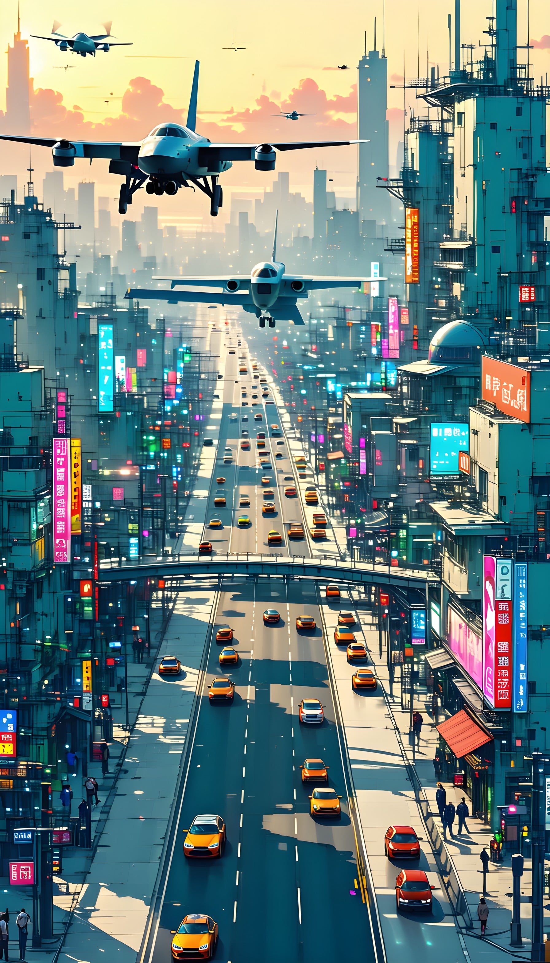 Dynamic Cyberpunk City Air Traffic Sunrise Wallpaper, cyberpunk, futuristic city, airplanes, neon lights, urban, digital art
