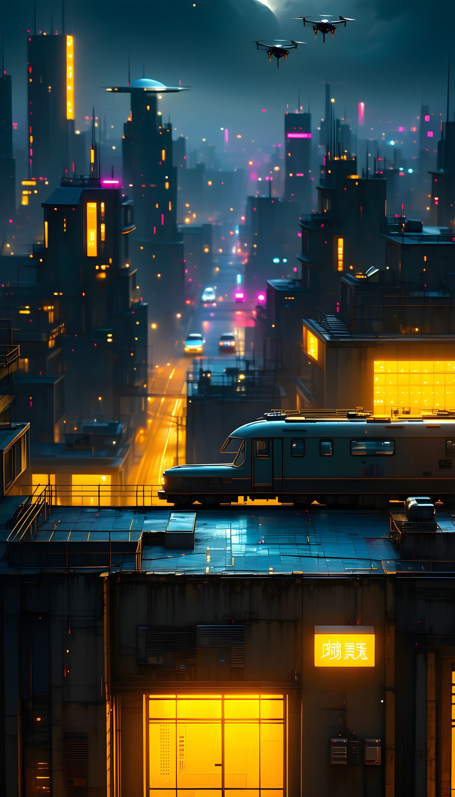 Cyberpunk Cityscape Night Train Drones Wallpaper, cyberpunk city, futuristic urban, nightscape, neon lights, sci-fi, drones