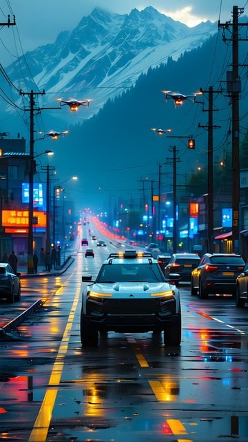 Futuristic City Street with Drones and Mountains