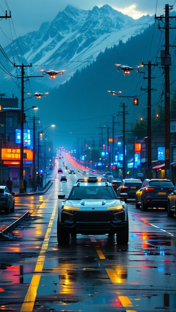 비오는 도시의 미래 자동차