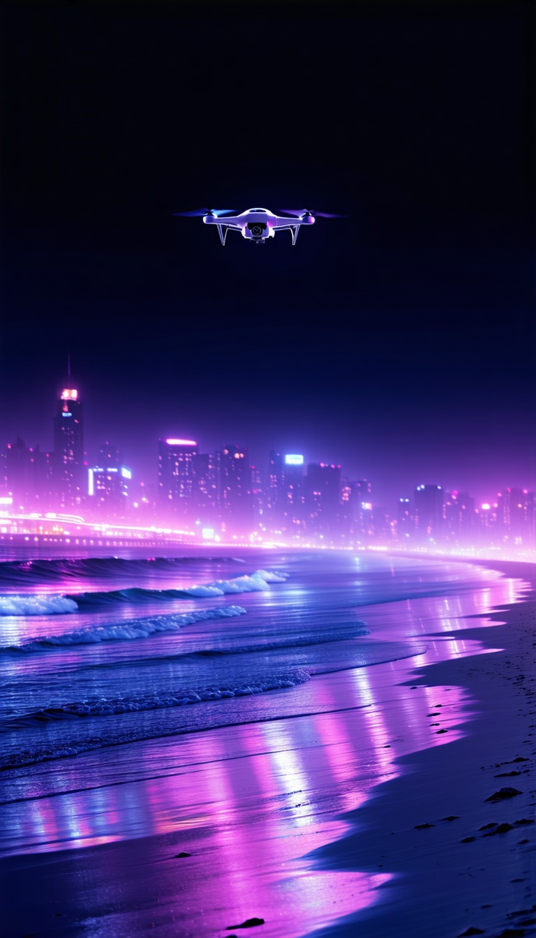 밤 도시 해변 상공 드론, 드론, 도시, 해변, 밤, 네온, 조명