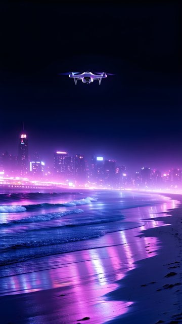 Cyberpunk Drone Over Neon City Beach Night