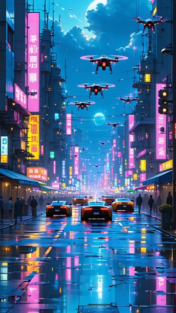 밤의 네온 도시와 드론들