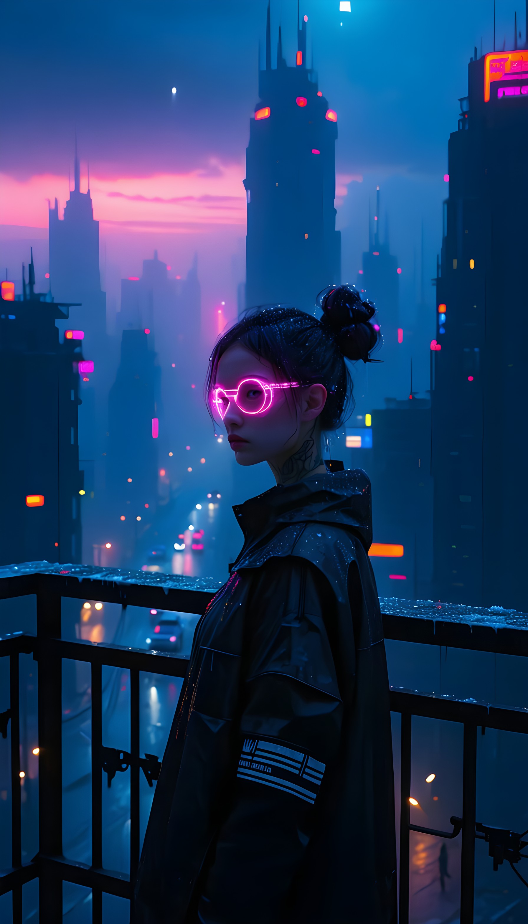 Neon Cyberpunk Girl in Rainy Cityscape Wallpaper, cyberpunk, neon, futuristic city, rainy night, aesthetic wallpaper, synthwave