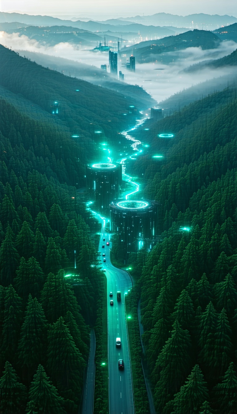 미래 도시와 숲 속의 고속도로, 미래도시, 숲, 고속도로, 디지털아트, 야경, 환경