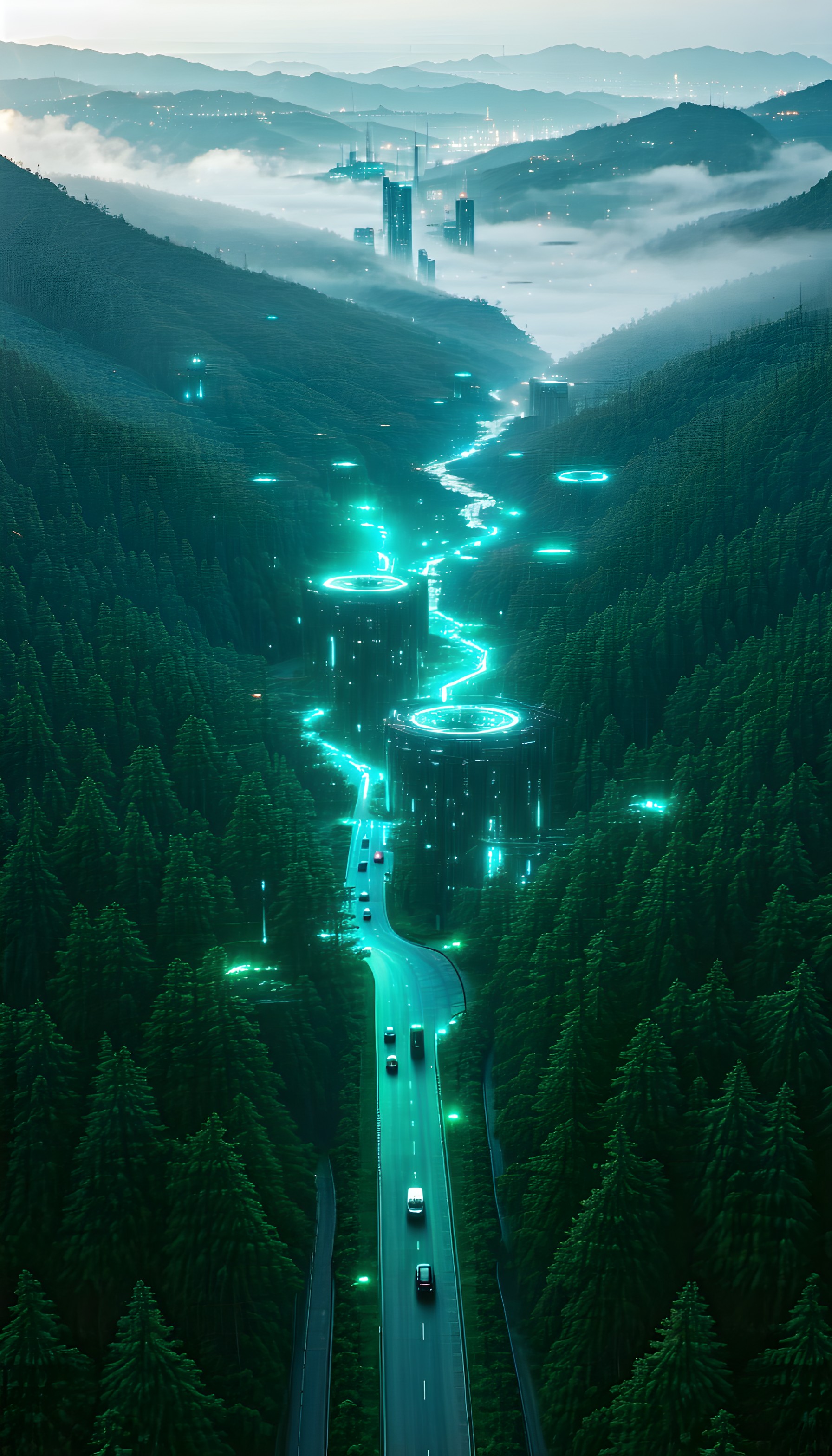 Futuristic Forest Highway: Cyberpunk Valley Road, futuristic, forest, highway, neon glow, cyberpunk, digital art