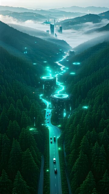 Futuristic Forest Highway: Cyberpunk Valley Road