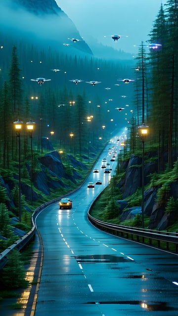 Futuristic Forest Highway with Flying Drones at Night