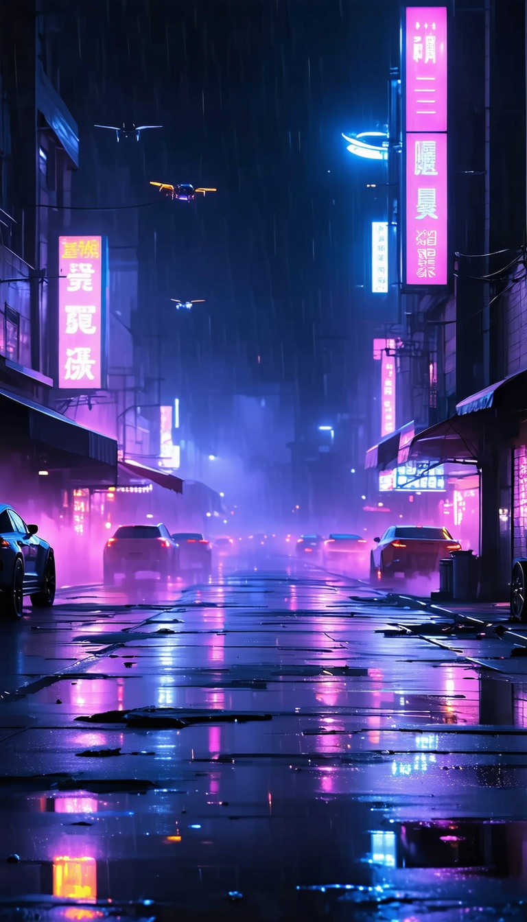 비오는 밤의 네온 도시 풍경, 네온사인, 밤거리, 비, 도시, 풍경, Cyberpunk