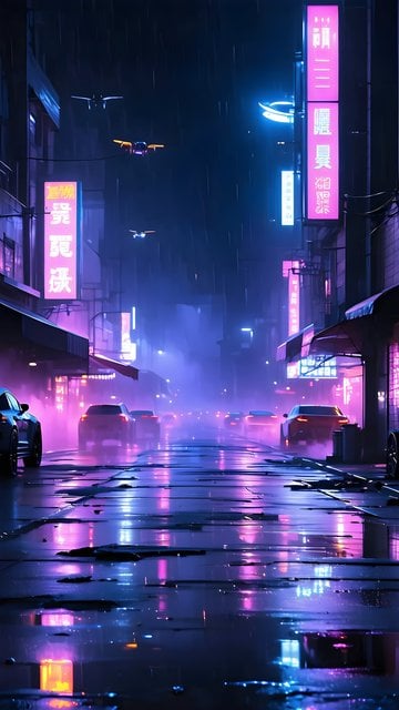 Cyberpunk Rainy Street Neon City Night Wallpaper