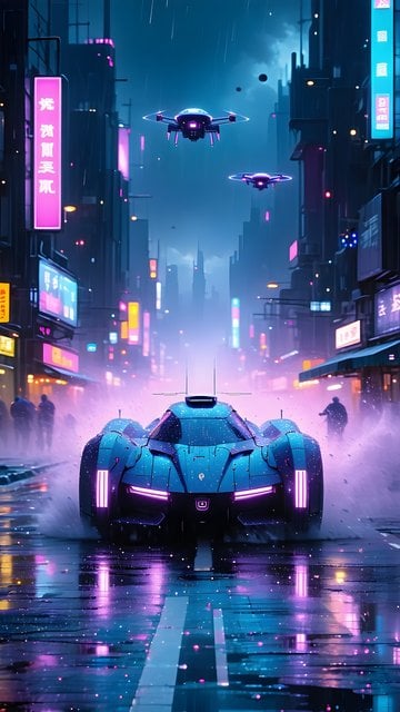 Futuristic Cyberpunk Car in Neon Rainy City Street