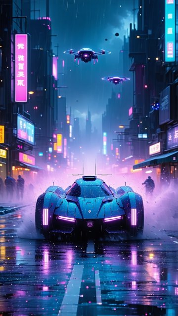 비오는 사이버펑크 도시의 질주