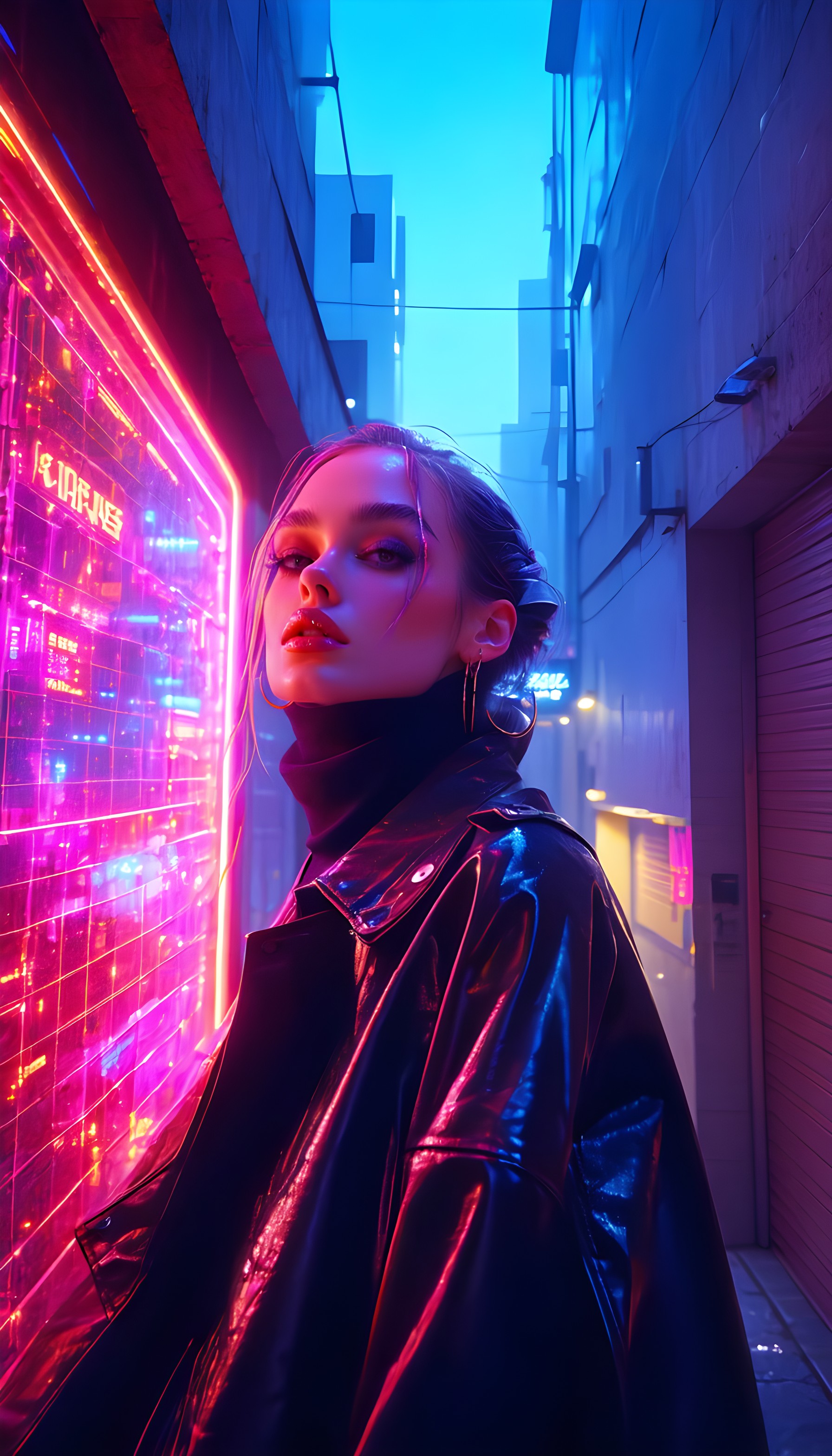 Cyberpunk Girl Neon City Alley Mobile Wallpaper, cyberpunk, neon lights, futuristic, urban alley, portrait, pink and blue