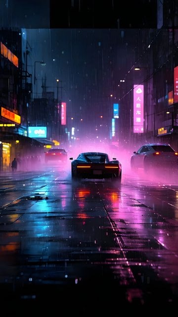 Cyberpunk Rain City Night Drive Neon Lights Wallpaper