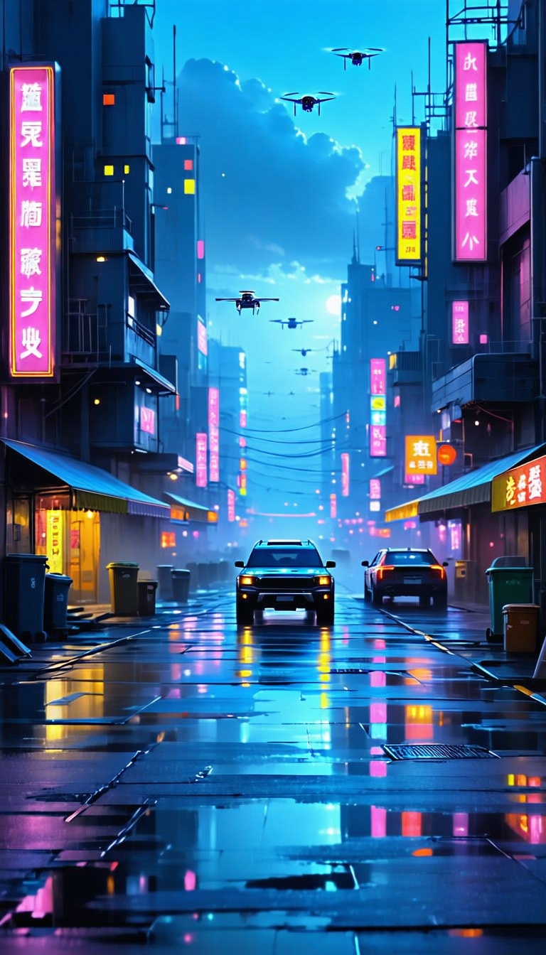 밤의 미래 도시 거리 풍경, 미래도시, 네온사인, 밤거리, 드론, 비, 도시풍경