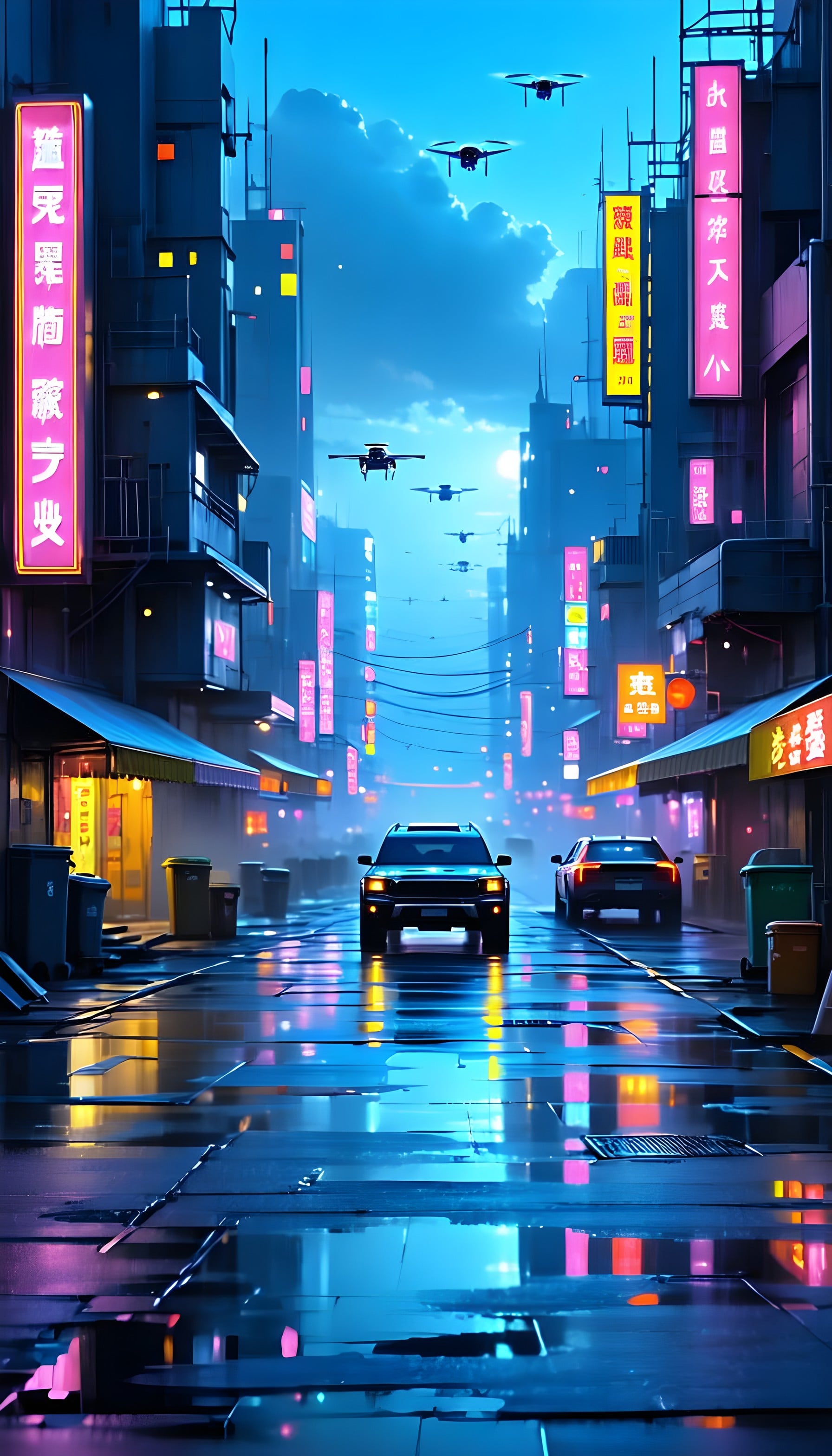 Futuristic Cyberpunk City Street with Neon Lights & Drones, cyberpunk, futuristic, city, neon lights, drones, urban