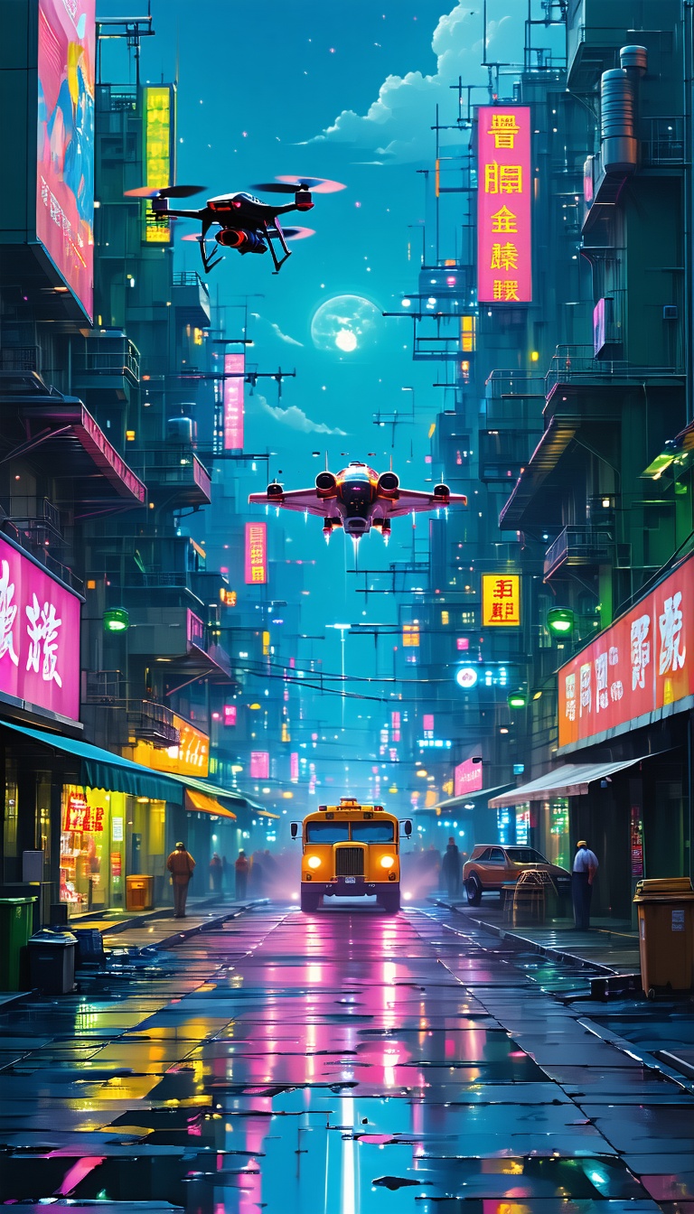 밤의 네온 도시 거리 풍경, 미래도시, 네온사인, 밤거리, 비, 드론, 비행선