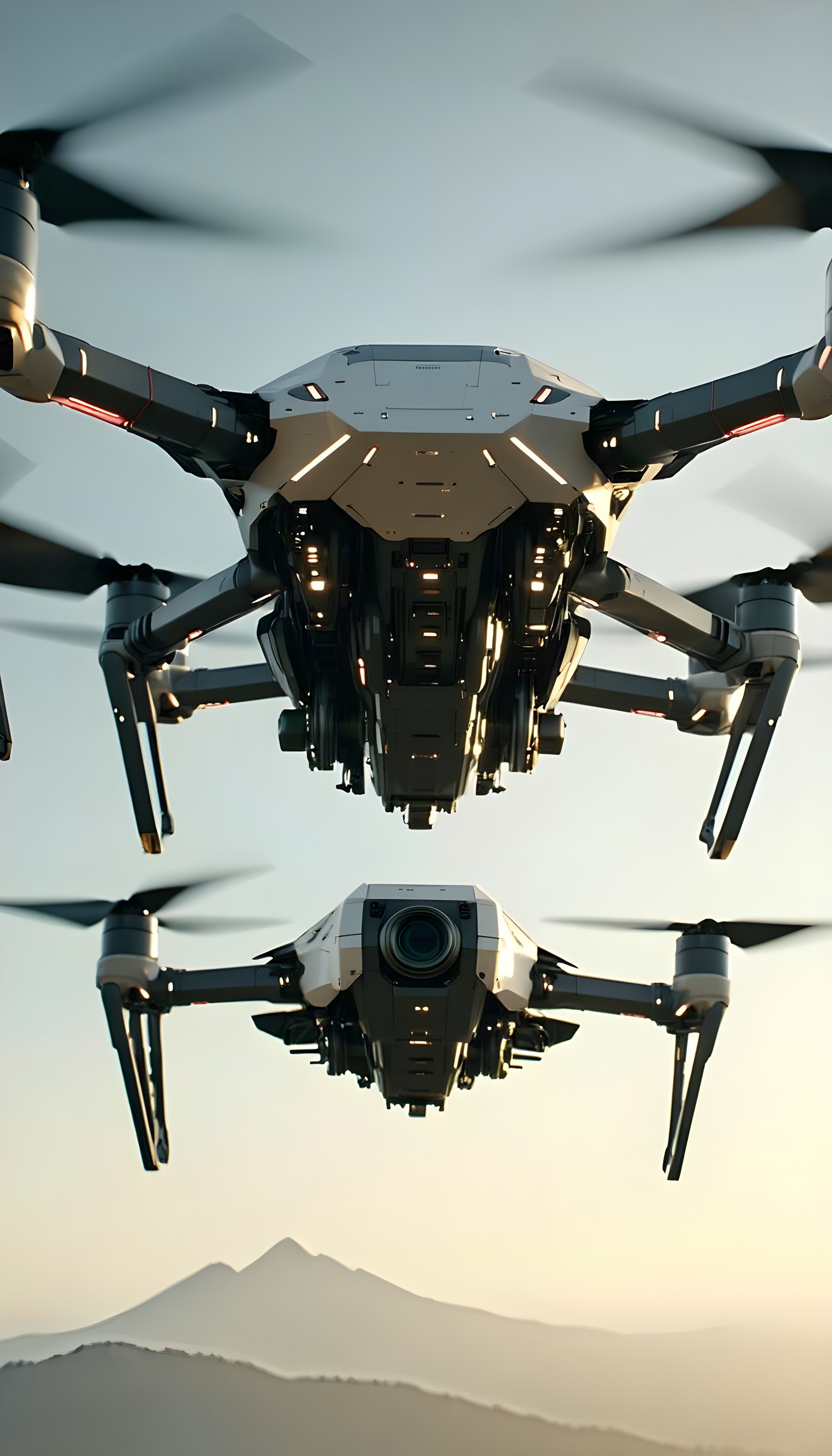 Sleek Advanced Drones Over Hazy Mountains, drones, technology, futuristic, aerial, flight, mountains