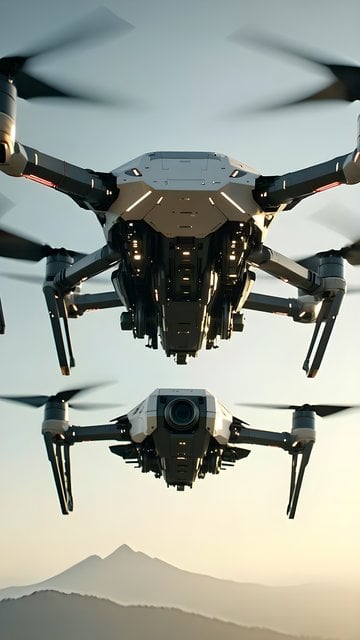 Sleek Advanced Drones Over Hazy Mountains