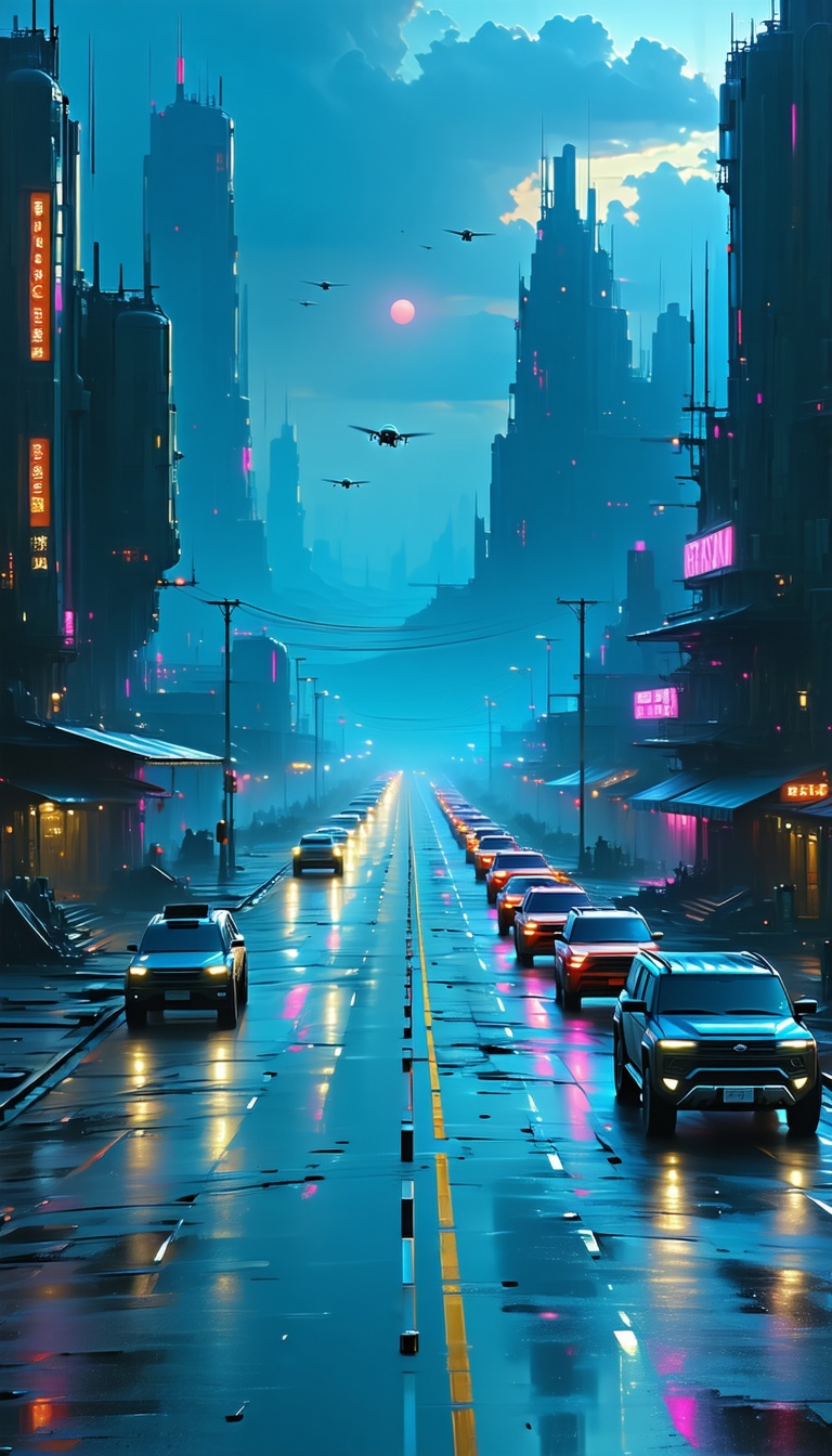 미래도시의 밤거리 풍경, 미래도시, 밤거리, 디지털아트, SF, 도시풍경, 비