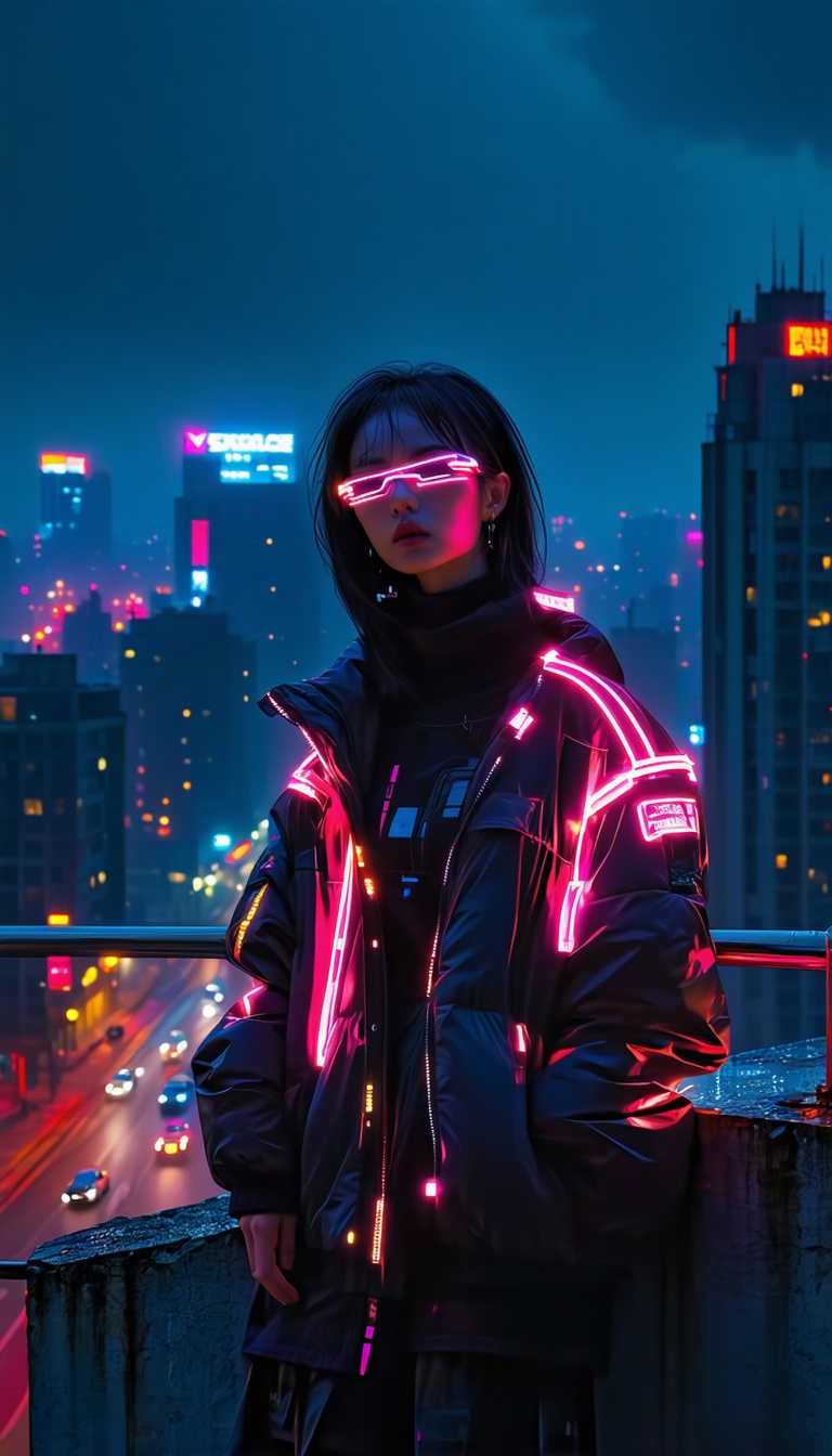 네온 조명 아래의 사이버펑크 여성, 사이버펑크, 네온, 도시, 여성, 밤, 조명