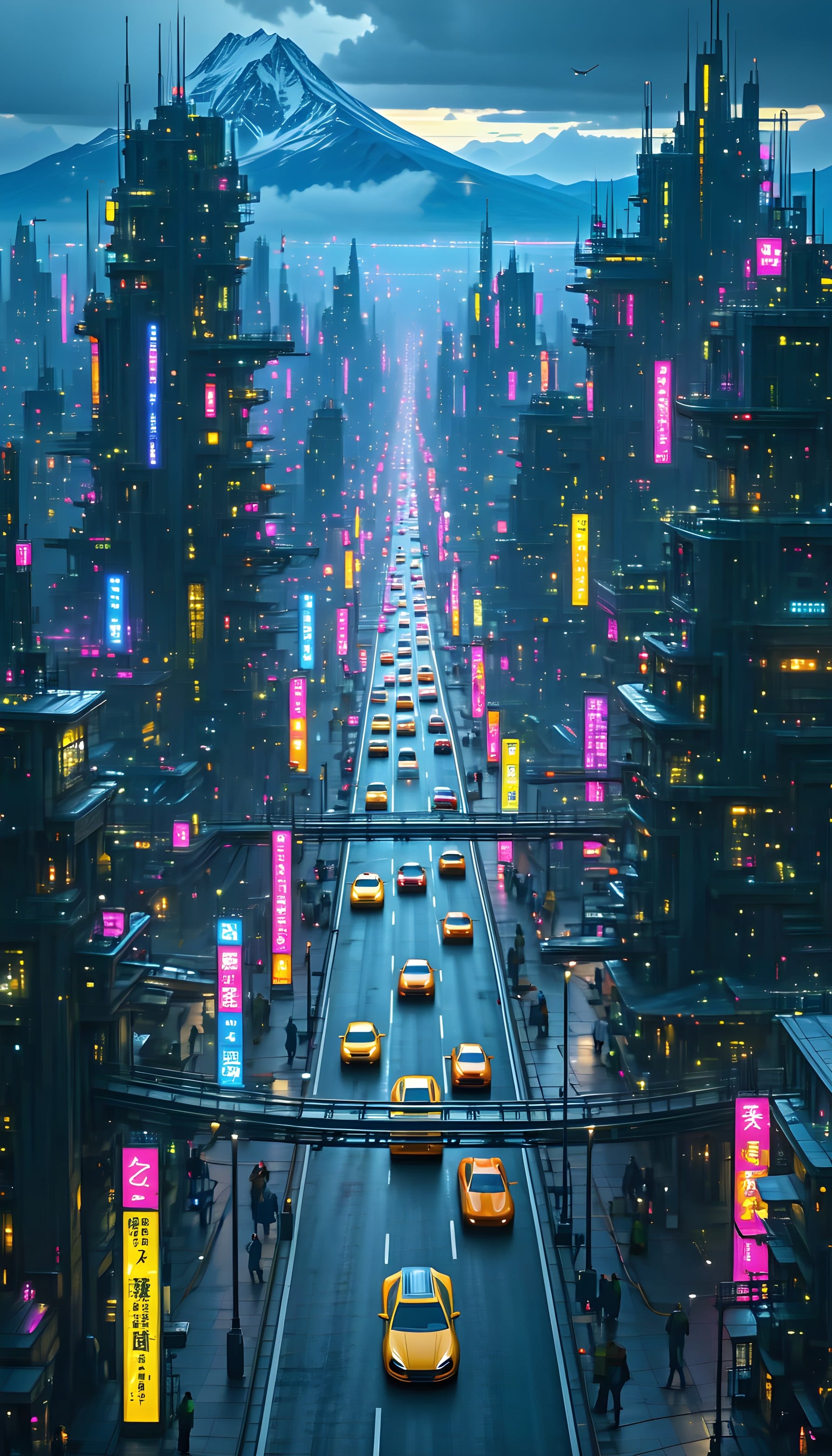 Neon Cyberpunk City Night Mountain View, futuristic cityscape, cyberpunk, neon lights, night city, sci-fi, mountain view