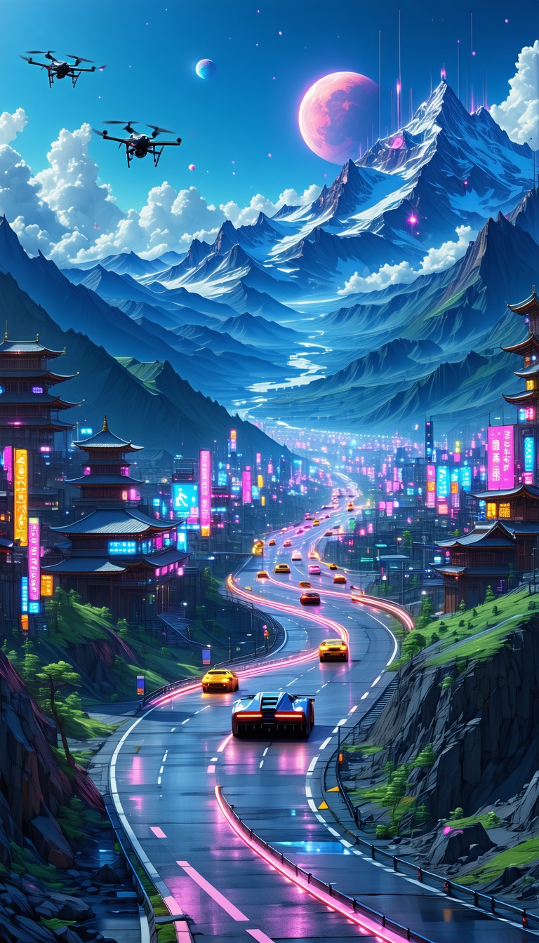 미래 도시의 야경과 드론, 미래도시, 야경, 산맥, 드론, 자동차, 네온사인