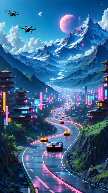 Cyberpunk Cityscape Highway with Pink Moon & Drones