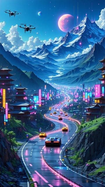 미래 도시의 야경과 드론