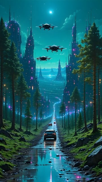 Sci-Fi Forest Road to Neon City with Drones Wallpaper