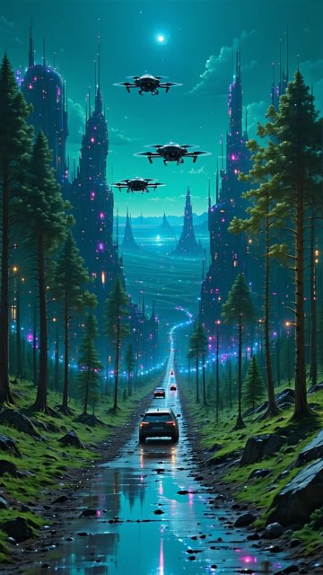 미래 도시의 밤길