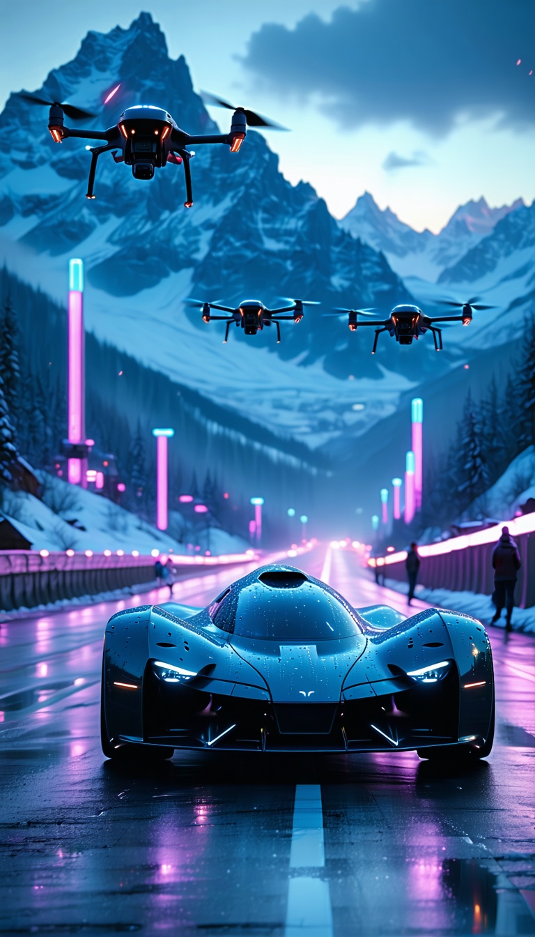 미래형 스포츠카와 드론, 미래, 자동차, 스포츠카, 드론, 산악, 도로