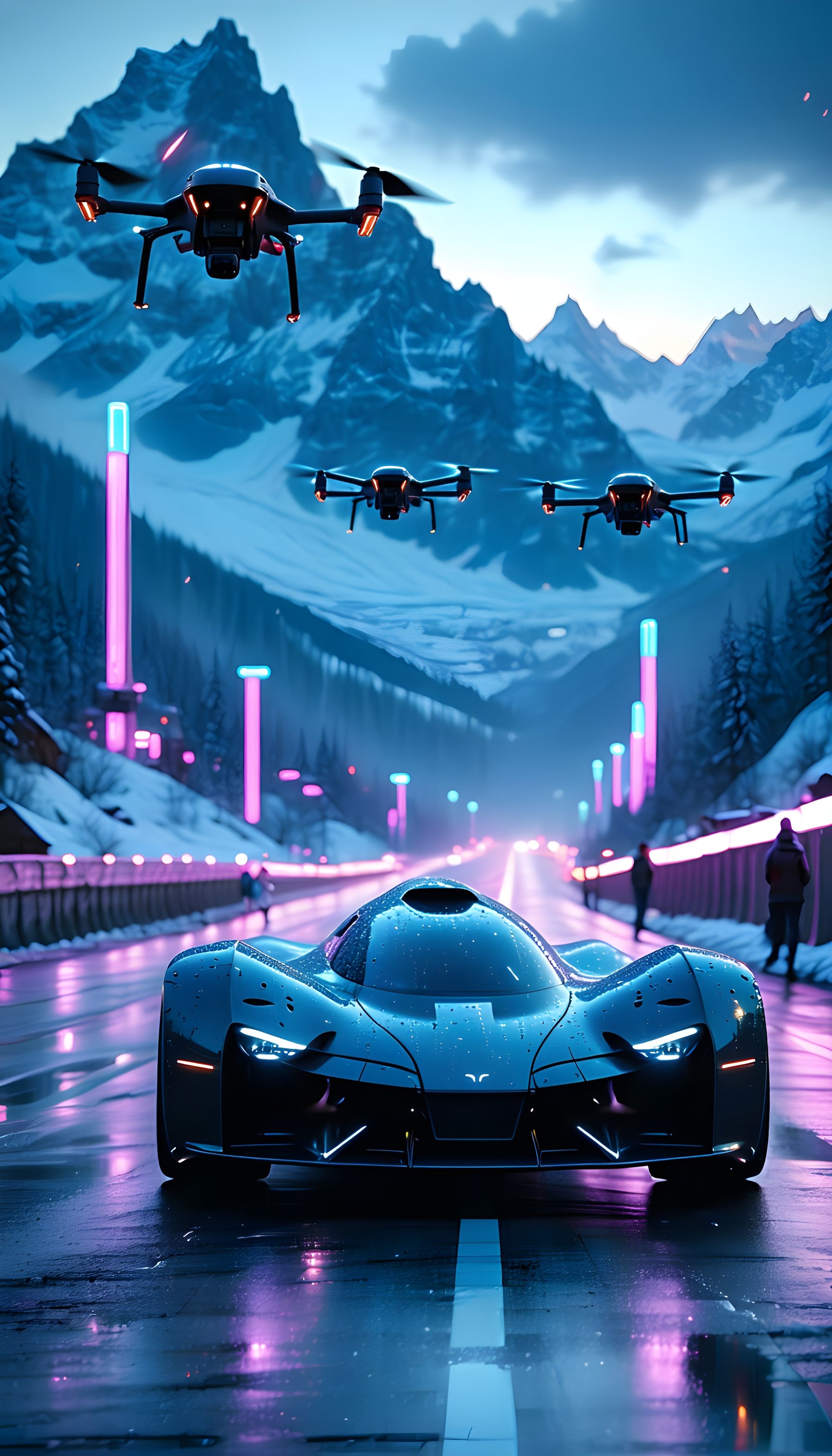 Futuristic Car, Drones & Neon in Snowy Mountains, futuristic car, drones, cyberpunk, neon lights, snowy mountains, dark aesthetic
