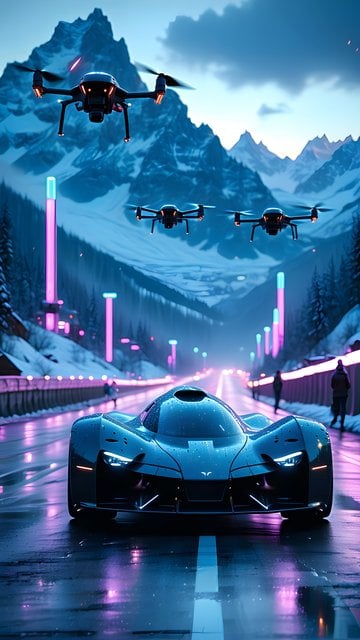Futuristic Car, Drones & Neon in Snowy Mountains
