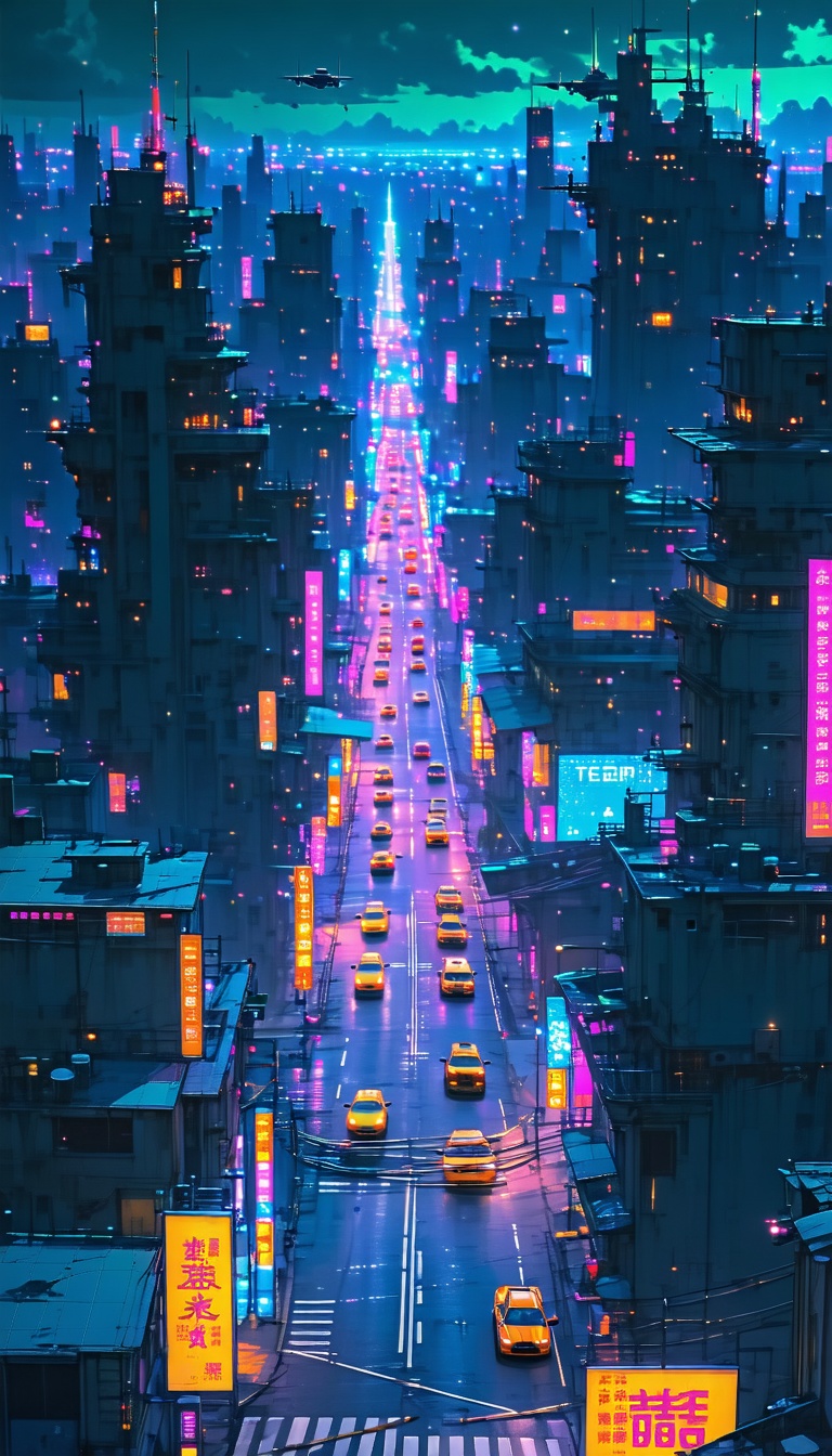 밤의 미래도시 거리 풍경, 미래도시, 네온사인, 밤거리, 디지털아트, 도시풍경, Cyberpunk