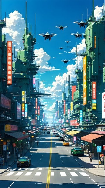 Vibrant Anime Cyberpunk City with Drones Wallpaper