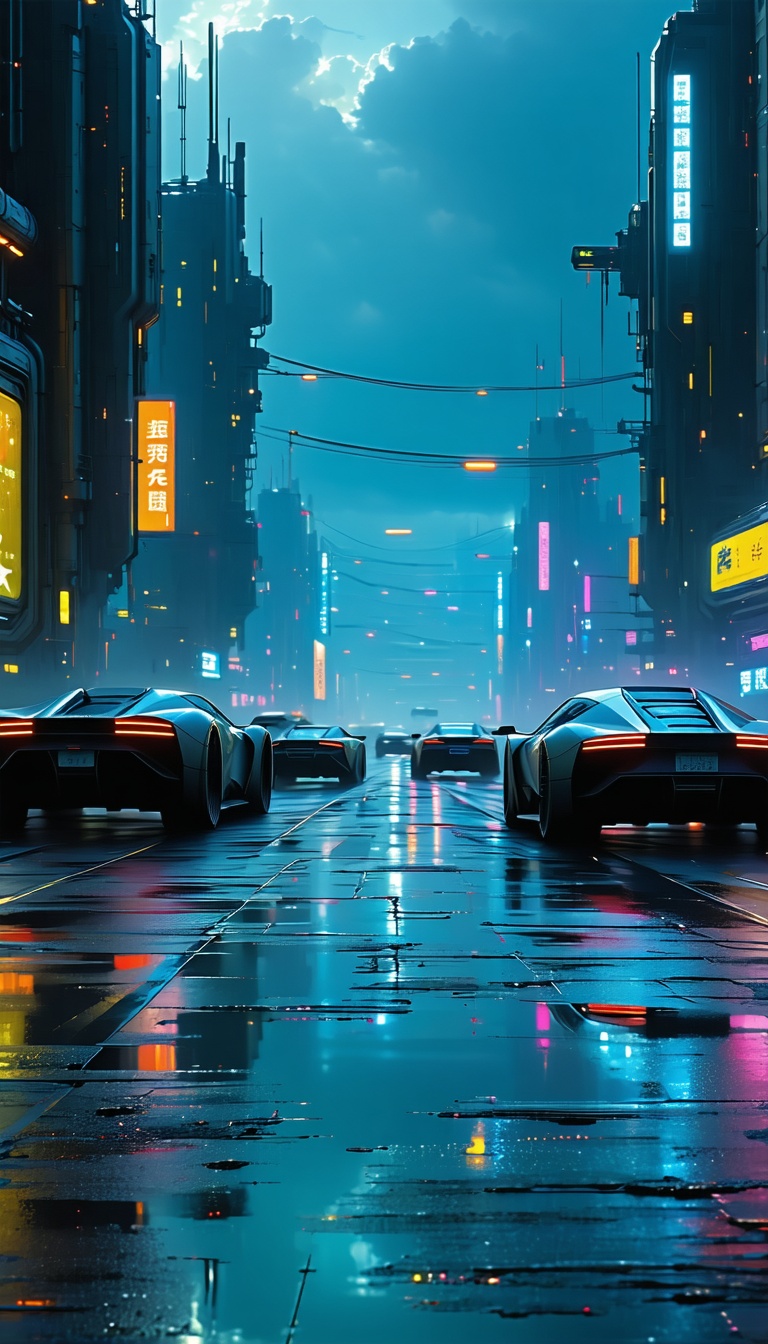 비오는 날의 미래도시 풍경, 미래도시, 네온사인, 스포츠카, 빗길, 밤거리, Cyberpunk