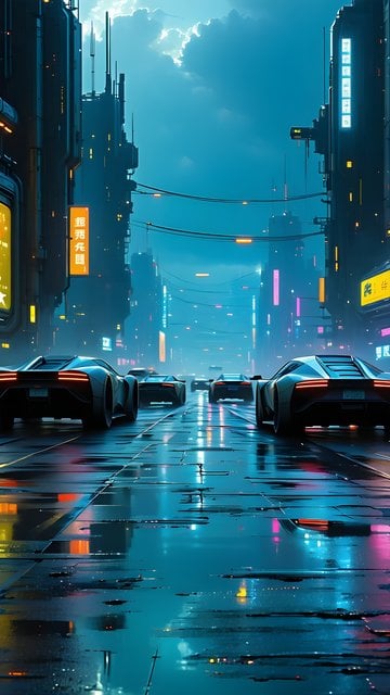 Futuristic Cyberpunk City Street Wet Road Wallpaper