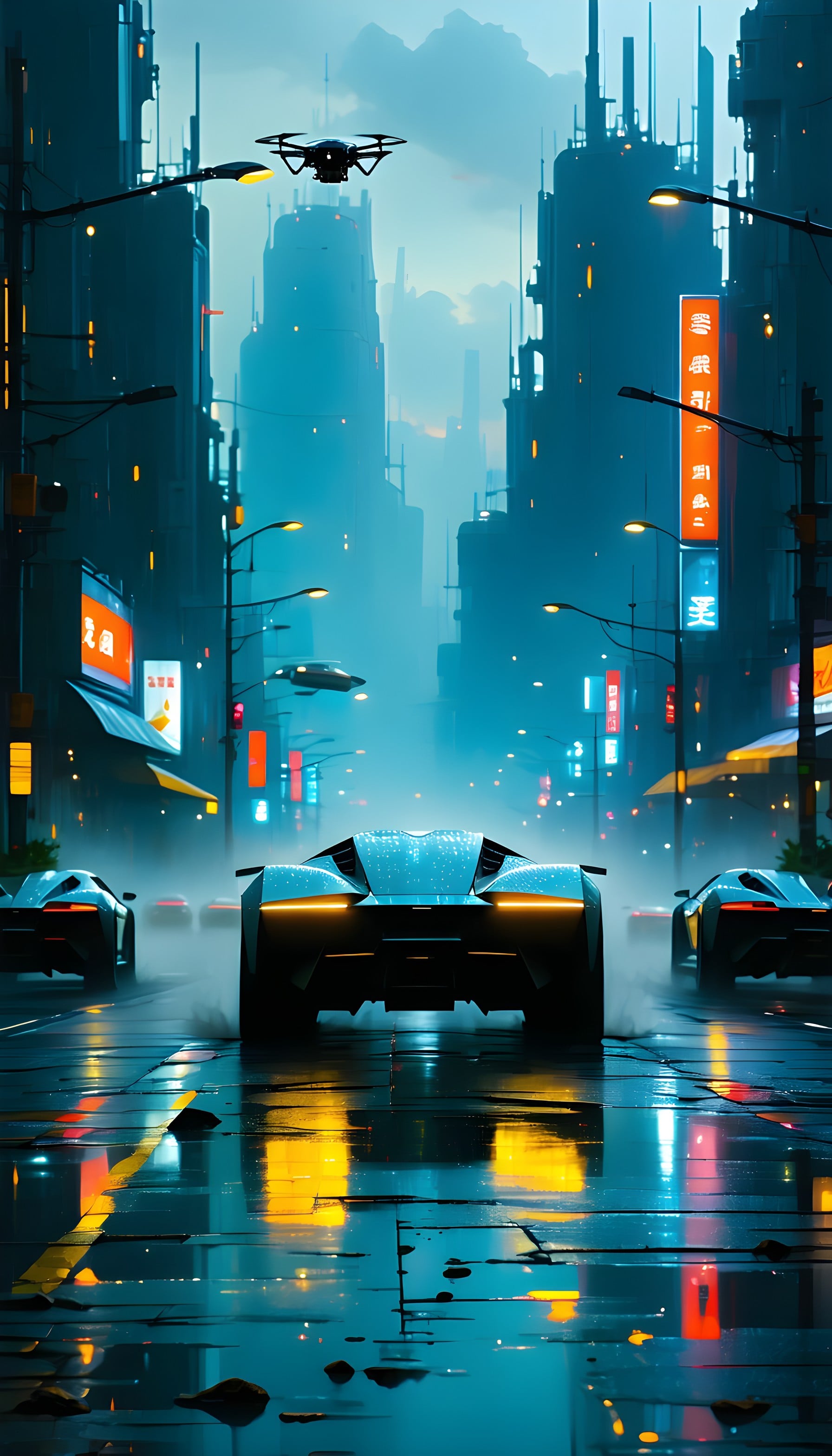 Rainy Cyberpunk City Drive: Futuristic Neon Street, cyberpunk, futuristic city, neon lights, rainy street, sci-fi car, urban night