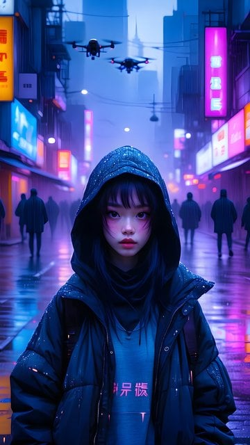 Cyberpunk Girl Neon City Night Street Wallpaper