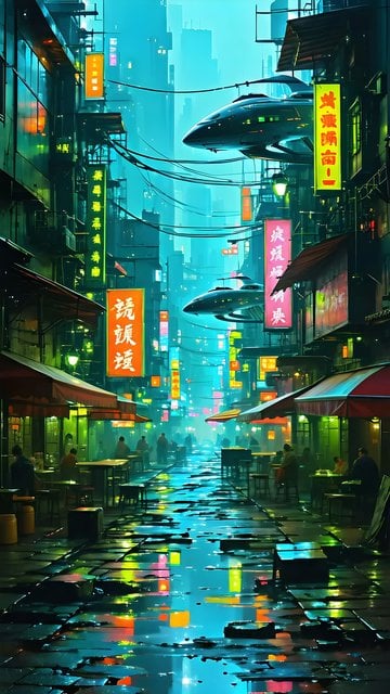 Vibrant Cyberpunk City Night Street Reflections