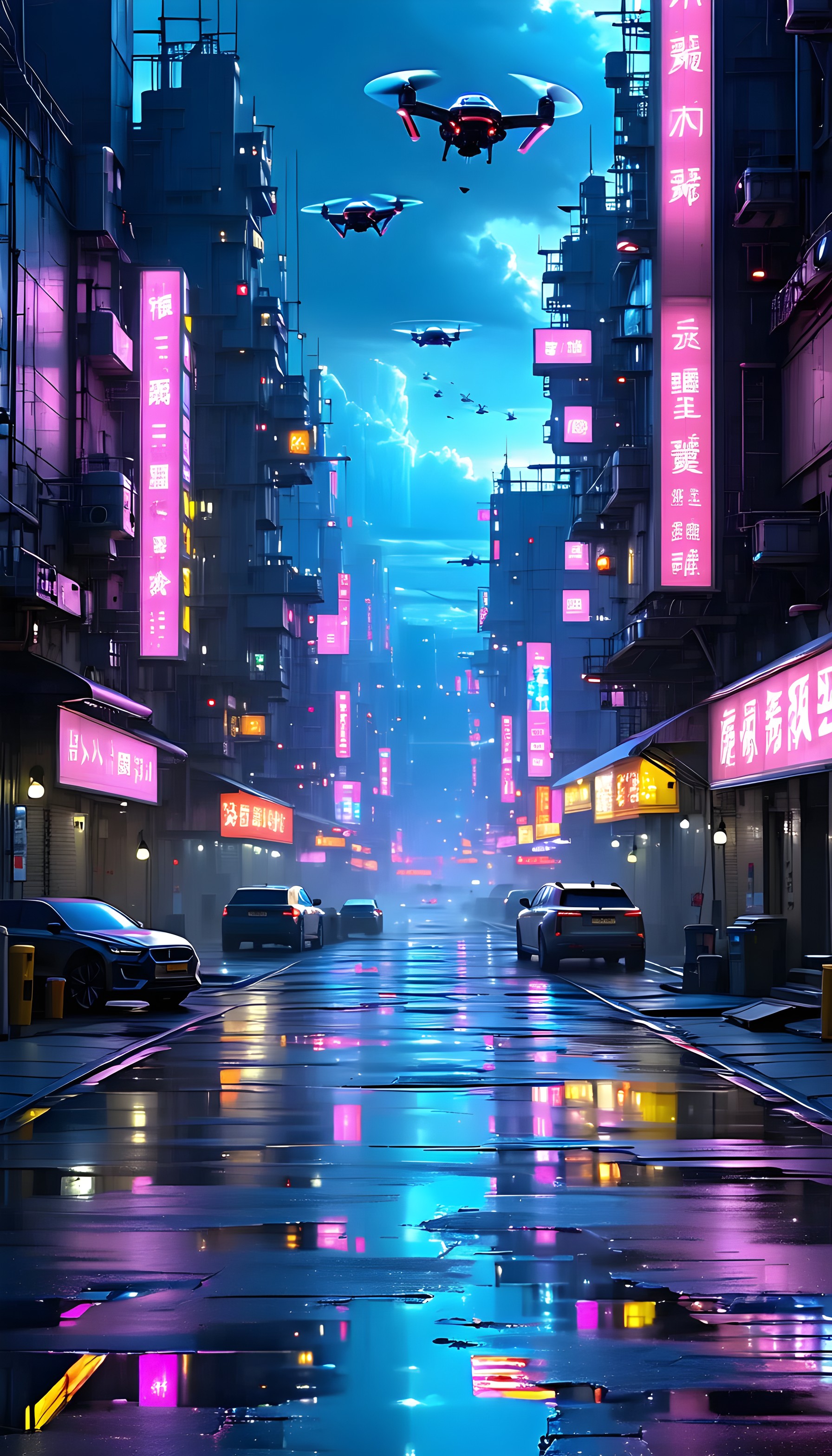 Vibrant Cyberpunk City Street Neon Drones Wallpaper, cyberpunk, city, neon, futuristic, drones, street