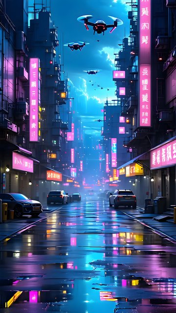 Vibrant Cyberpunk City Street Neon Drones Wallpaper