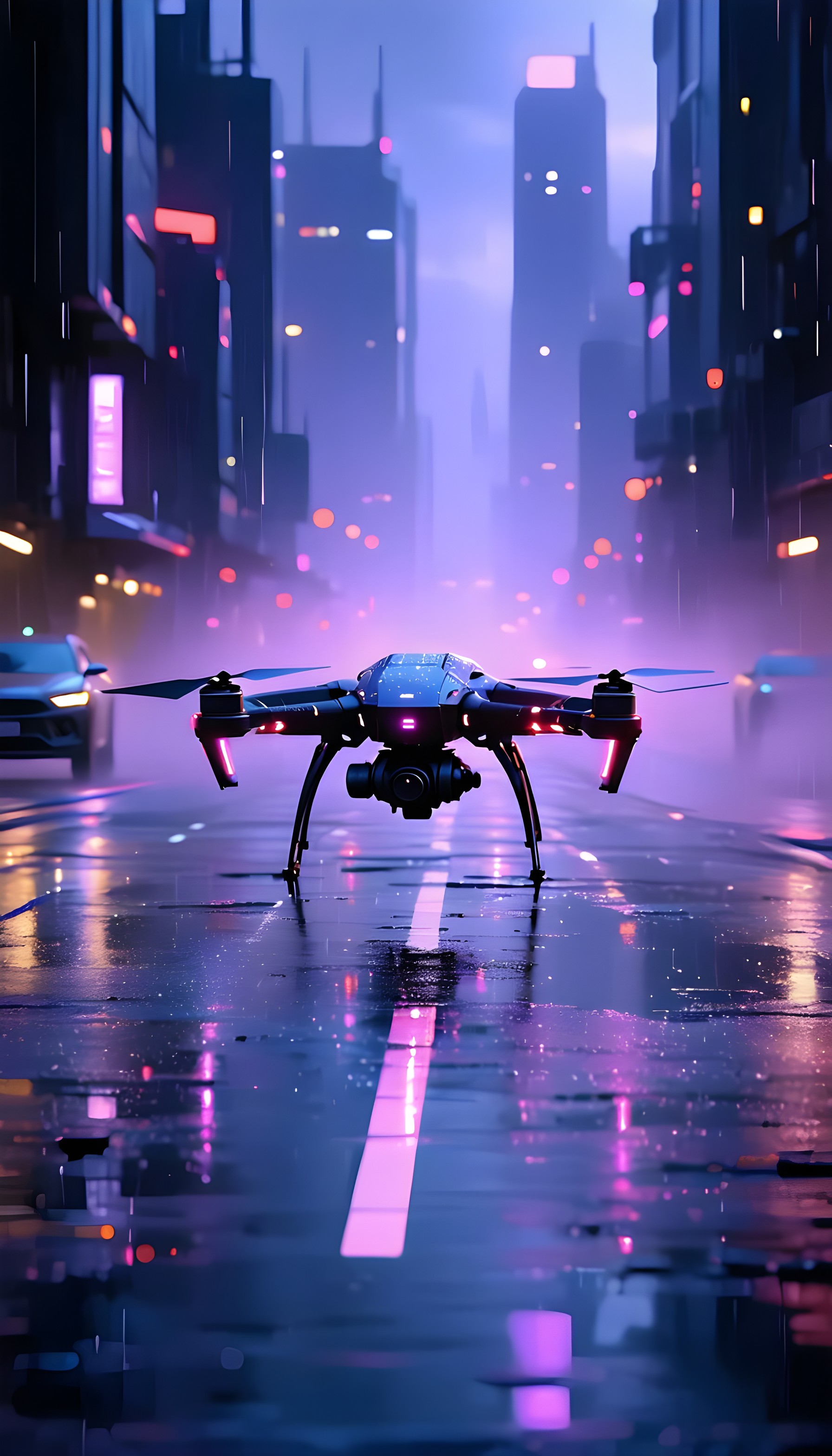 Cyberpunk Drone on Wet Neon City Street Night, drone, cyberpunk, neon city, futuristic, rainy night, urban