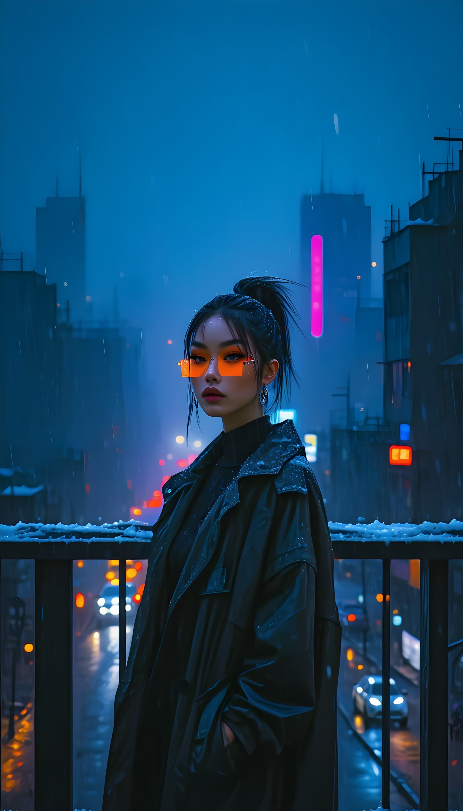 Cyberpunk City Girl in Neon Night Rain, cyberpunk, neon city, rainy night, futuristic, urban aesthetic, orange glasses