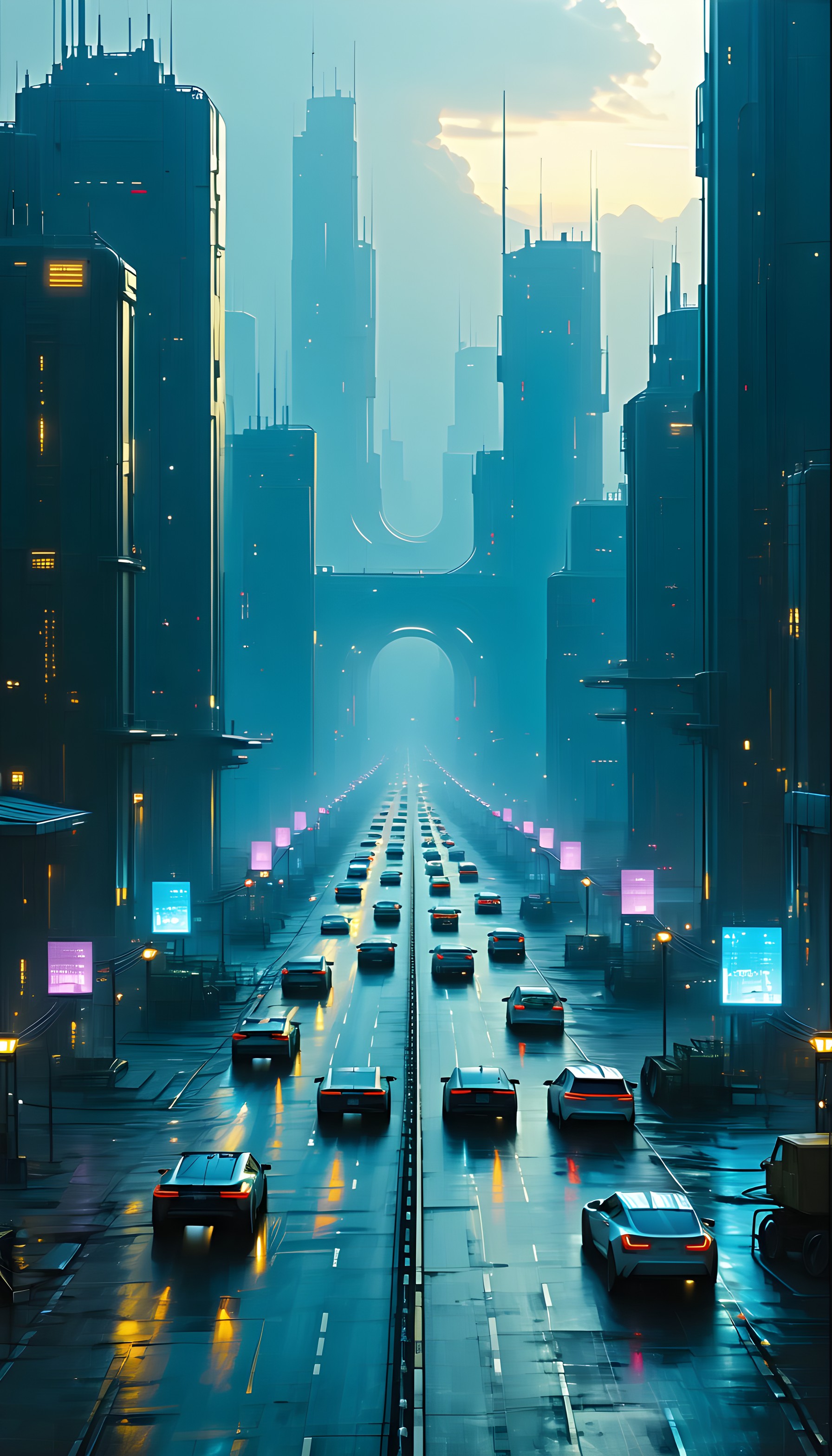 Futuristic City Highway Drive at Dawn, futuristic city, cyberpunk, urban landscape, highway, sci-fi, skyscrapers