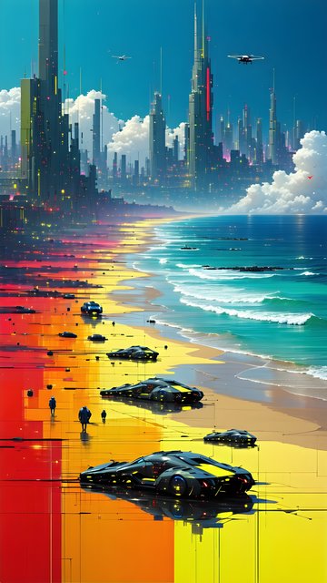 Vibrant Cyberpunk Beach Cityscape Wallpaper