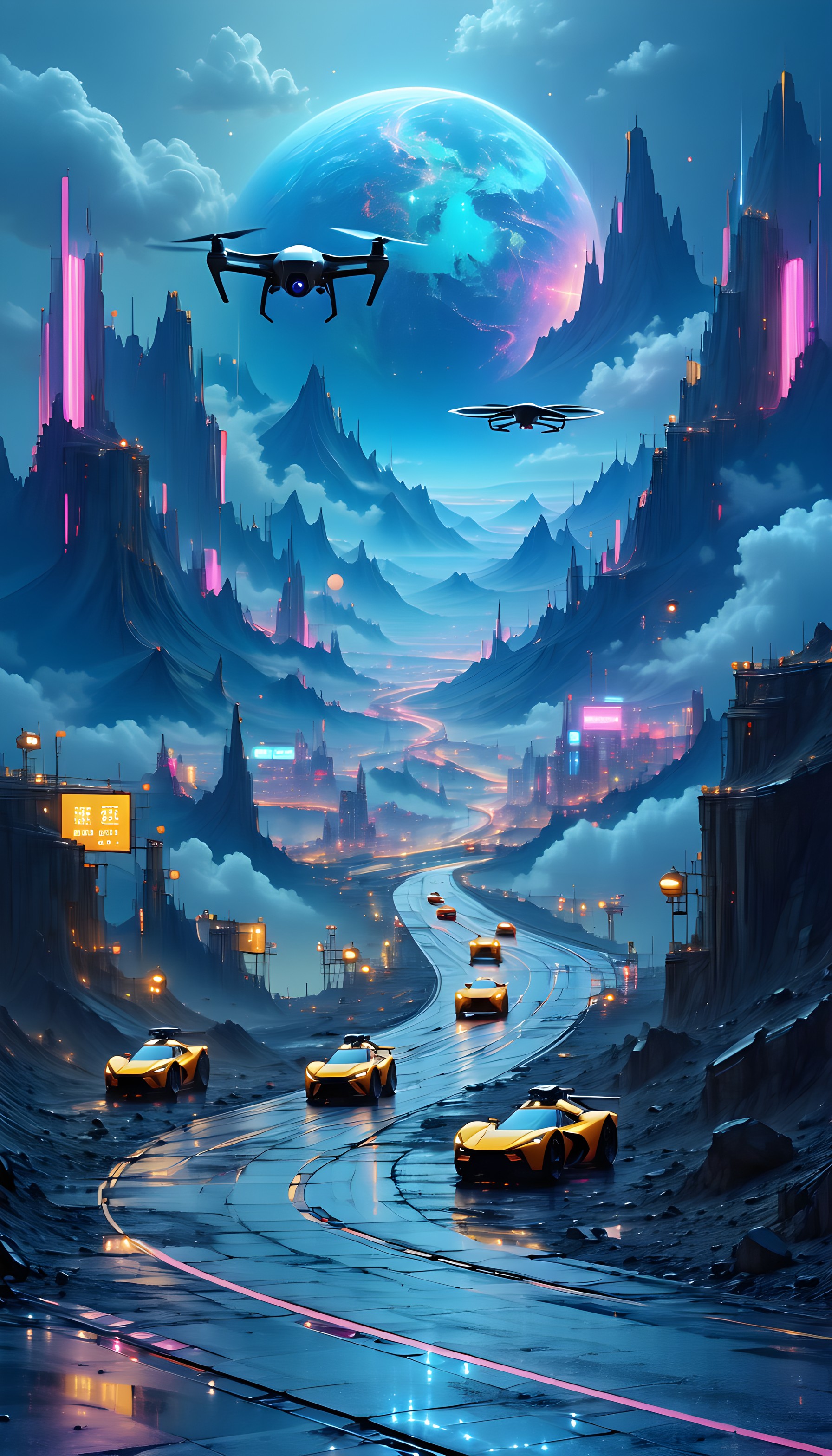 Futuristic Cityscape Drive: Neon Cyberpunk Night, futuristic city, cyberpunk, neon aesthetic, sci-fi landscape, fantasy world, drones
